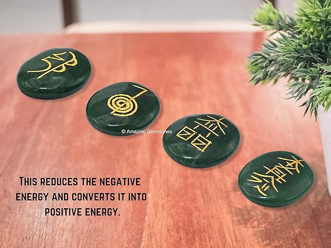 Amazing Gemstone Green Aventurine Crystal Reiki Stones with Engraved Symbols for Usui Reiki Healing, Set of 4 Pcs (Indian Handmade Reiki Gift Set)