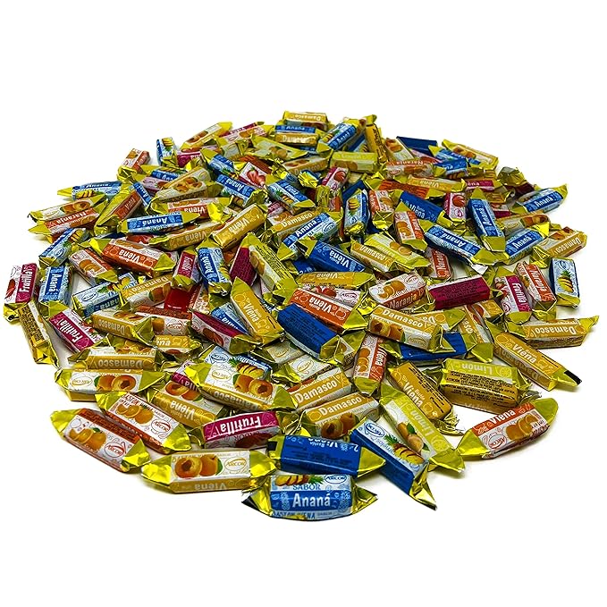 Halloween Fruity Hard Candy Filled With Real Fruit Pulp - 3 lbs - Peach, Strawberry, Pineapple, Orange and Lemon Flavored Bon Bons Filled with Real Fruit Pulp - Bulk American Vintage Candy Assortment - Individually Wrapped, 48 oz.