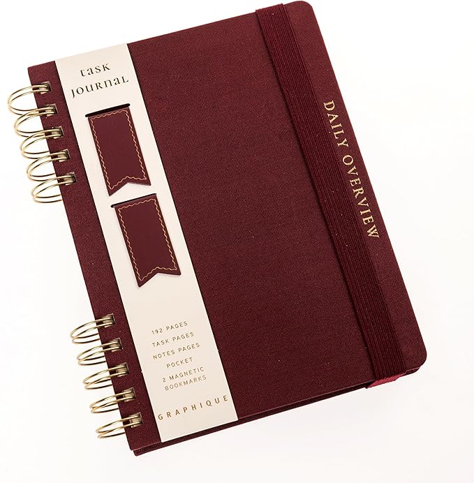Daily Task Journal by Graphique Luxe Collection, Fabric-Wrapped Hardcover Spiral Notebook for Planning & Writing, Priority List Planner with Magnetic Bookmarks & Gold Foil Embossing,192 Pages, 6” x 8”, Plum Red