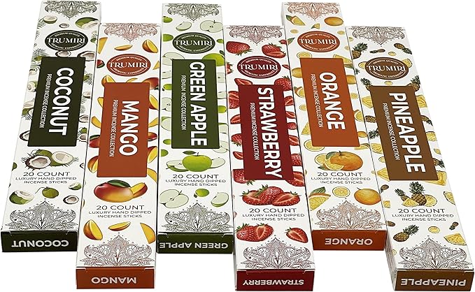 Fruity Incense Sticks Variety Pack - 120 Insence-Sticks (6 Incents x 20 Insense) - Coconut Orange Pineapple Mango Strawberry Apple - Natural Inscents-Sticks Non Toxic Inciensos + Stick Incense Holder