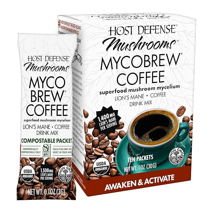 Host Defense MycoBrew Coffee - Instant Drink Mix - Includes Lion's Mushroom - Drink Mix with 100% Arabica Instant Coffee - Awaken and Activate, 10 Packets (10 Servings)