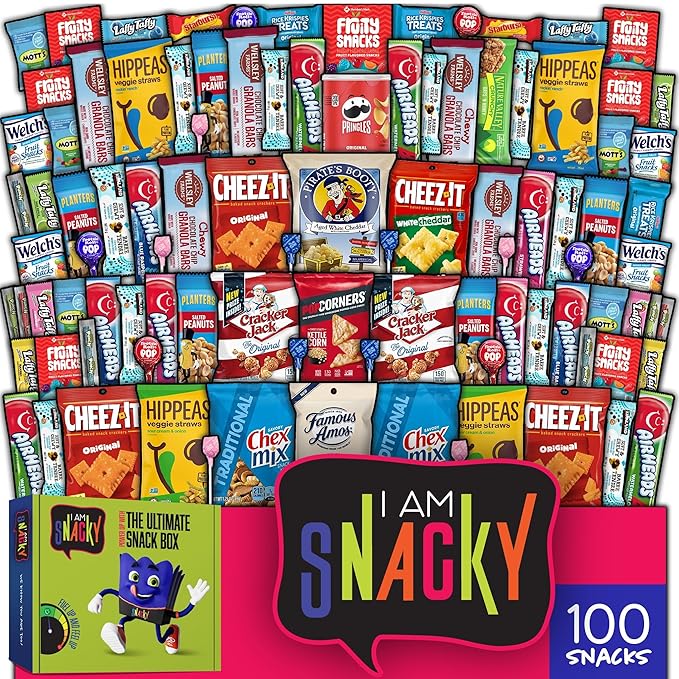 I AM Snacky - Haloween Trick or Treats Snack Box Variety Pack Care Package + Greeting Card - SNACKY'S PARTY PACK (100 Count) Birthday Sweet Treats Gift Basket, Candies Chips, Office Food Assortments