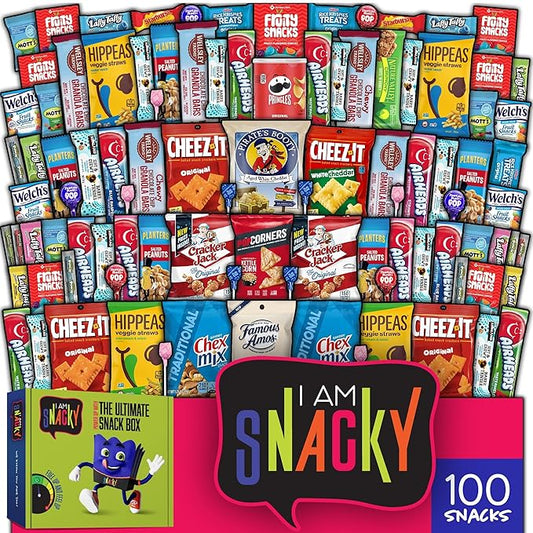 I AM Snacky - Haloween Trick or Treats Snack Box Variety Pack Care Package + Greeting Card - SNACKY'S PARTY PACK (100 Count) Birthday Sweet Treats Gift Basket, Candies Chips, Office Food Assortments
