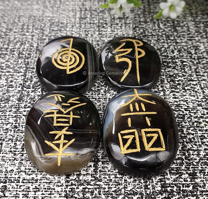 Amazing Gemstone Sulemani Agate Crystal Reiki Stones with Engraved Symbols for Usui Reiki Healing, Set of 4 Pcs (Indian Handmade Reiki Gift Set)