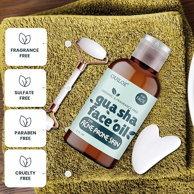 Gua Sha Oil for Acne Prone Skin - Face Oil Gua Sha Massage - Lymphatic Anti Aging Facial Massage Oil - Unscented, Non Comedogenic, Lightweight, Use with Gua Sha Facial Tools, 2 oz