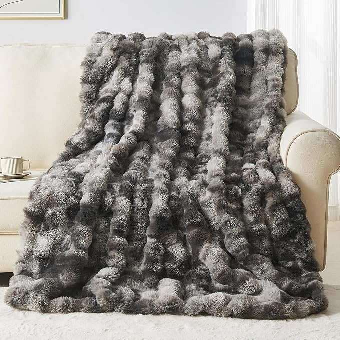 Lotus Karen Faux Fur Throw Blanket Tie-Dye Dark Gray - Big Bubble Rabbit Fluff Blanket for Couch, Small Fluffy Fuzzy Cozy Blanket, Thick Furry Plush Shaggy Blankets, 50x60 Inches