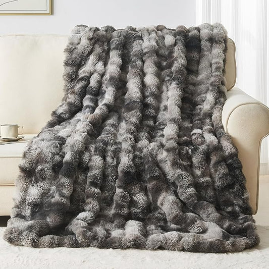 Lotus Karen Faux Fur Blanket Tie-Dye Dark Gray Twin Size - Big Bubble Rabbit Fluff Throw for Couch Small Fluffy Fuzzy Cozy Thick Furry Plush Shaggy Blankets 108x90 Inches
