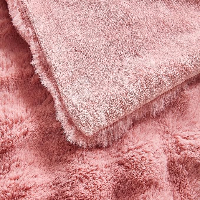 Lotus Karen Faux Fur Blanket Old Pink Queen Size - Big Bubble Rabbit Fluff Throw for Couch Small Fluffy Fuzzy Cozy Thick Furry Plush Shaggy Blankets 90x90 Inches