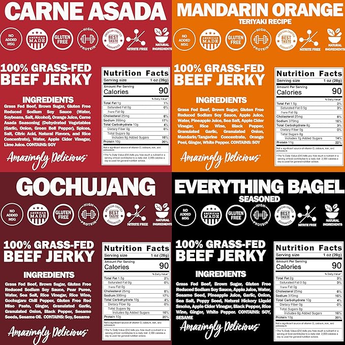 Field Trip Grass Fed Beef Jerky Variety Pack, Healthy Gluten Free Snacks, All Natural, Paleo-Friendly Meat Snacks with No Nitrates, Low Carb, High Protein Snacks, 2.2oz Bag, 4 Pack