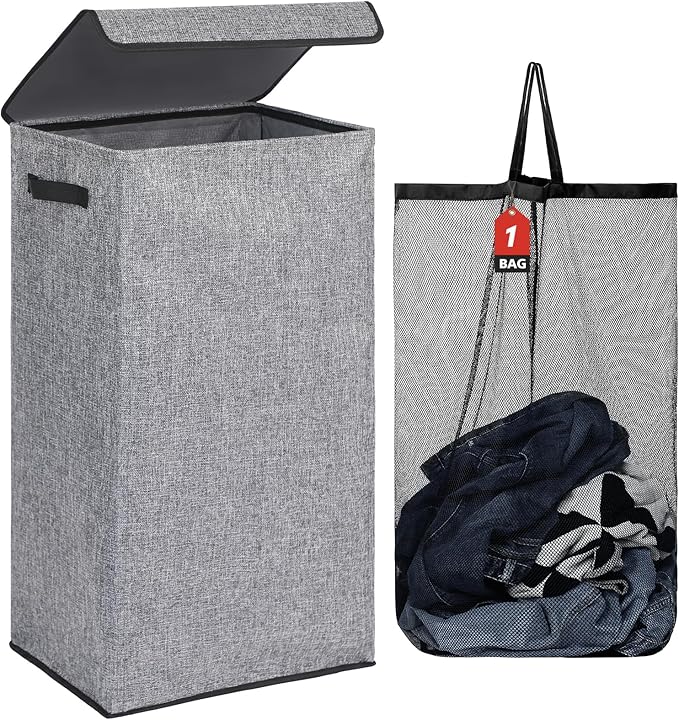 DOKEHOM 100L Laundry Basket with Lid and Removable Laundry Bags, Large Collapsible Laundry Hamper for Bedroom, Bathroom, Laundry Room, Colloge (Grey)