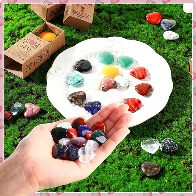 Landical 50 Sets Pocket Hug Token Gifts Small Crystal Heart Stones Bulk with Boxes Mini Heart Shape Natural Stones for Colleagues Family Distance Social Celebration of Life Gifts(Classic)