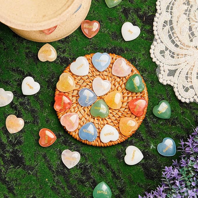 Fabbay 30 Pcs Heart Inspirational Stones, Heart Stones with 30 Different Words, Engraved Worry Rocks Bulk As Meditation Decorations, Party Gifts for Encouragement Friends Family (0.8 Inch)