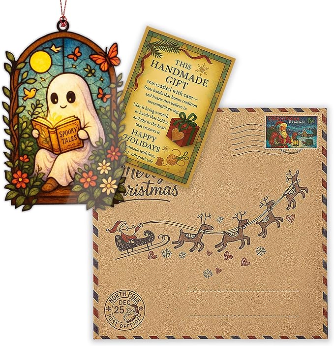 Halloween Christmas Ornaments - Book Christmas Ornaments - Spooky Xmas - Ghost Reading - White Elephant Gifts RUSATEN ONM-529-RST-Ghost