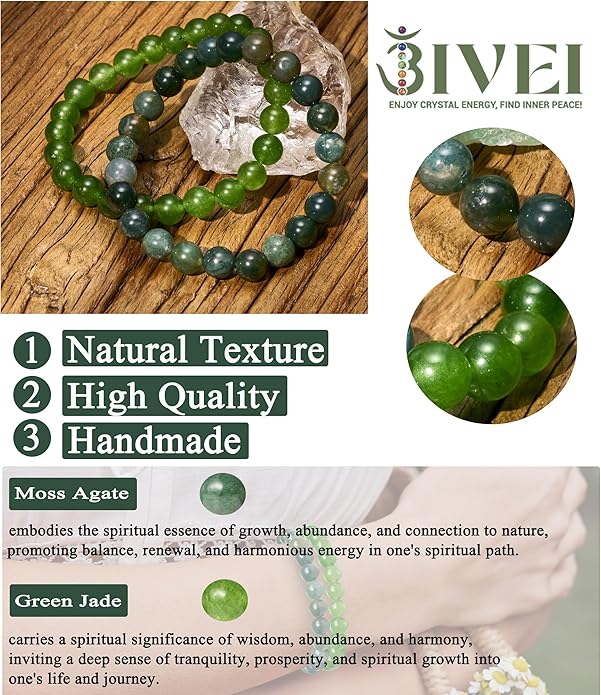 Bivei Natural Gemstone Semi Precious Healing Crystals Handmade Stretchy Round Beads Bracelet, Enhance Positive Energy