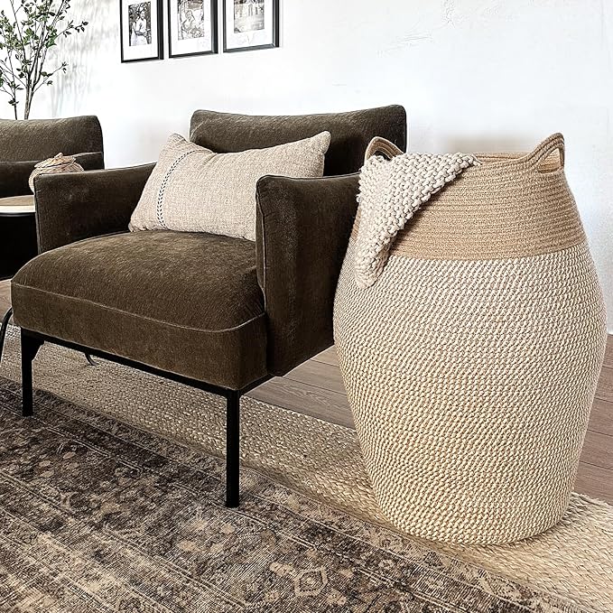 Goodpick Laundry Hamper | Woven Cotton Rope Dirty Clothes Hamper Tall kids Curve Laundry Basket Large, 25.6 x 17.71 Inch