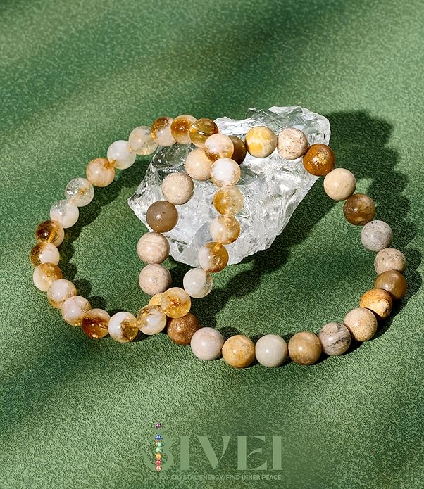 Bivei Natural Gemstone Semi Precious Healing Crystals Handmade Stretchy Round Beads Bracelet, Enhance Positive Energy