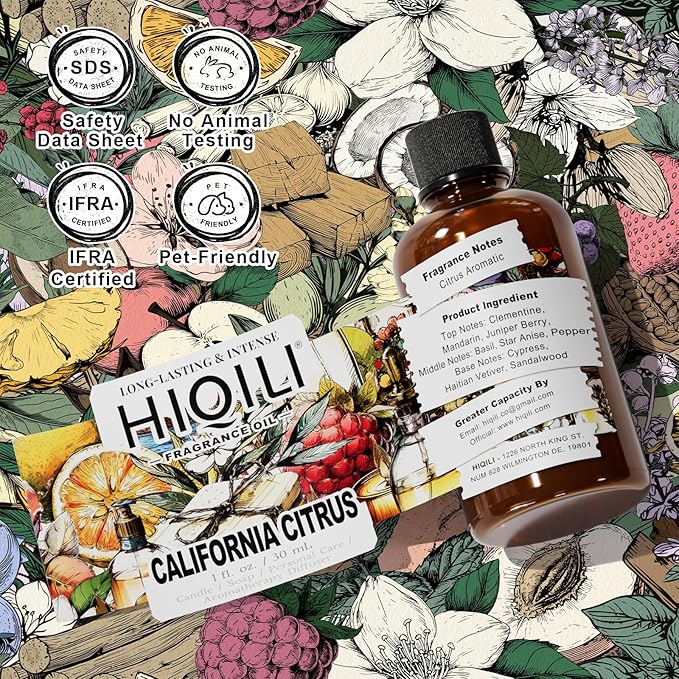 HIQILI California Citrus Fragrance Oil for Home Diffuser, Inspired by Alr-Cologne Cl.Calif, Making Candle, Soap & Air Freshener Spray, Fresh Hotel Scents - 1 Fl Oz