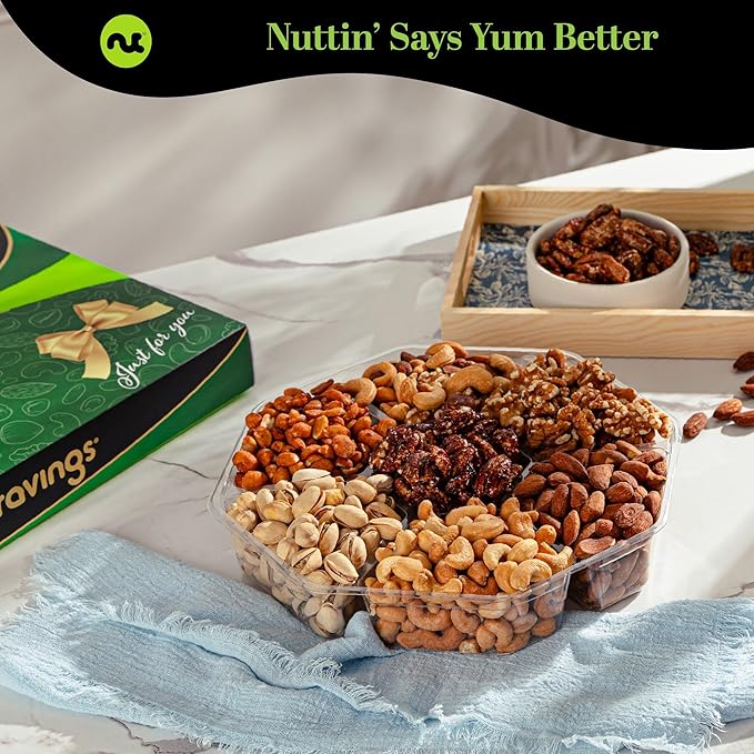 NUT CRAVINGS - Diwali Sweets Hamper Mixed Nuts Gift Basket in Green Gold Box (7 Assortments, 1 LB) Food Arrangement, Healthy Snack Care Package, Food Assortments