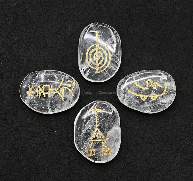 Amazing Gemstone Clear Quartz Crystal Reiki Stones with Engraved Symbols for Usui Reiki Healing, Set of 4 Pcs (Indian Handmade Reiki Gift Set)