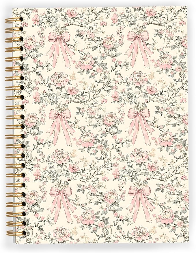 Coquette Pink Bow Spiral Notebook, Vintage Chinoiserie Floral Notebooks for Note Taking, Trendy Preppy Journals for Writing, Girly Aesthetic Journal Journaling, 5.5x8.3 Inch