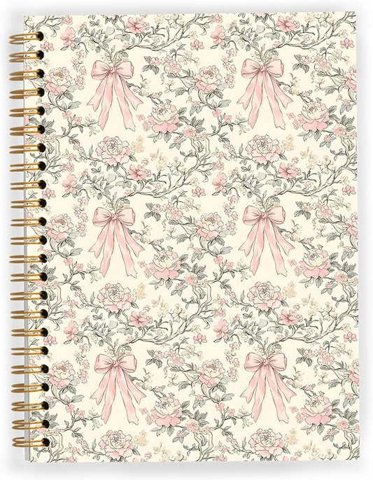 Coquette Pink Bow Spiral Notebook, Vintage Chinoiserie Floral Notebooks for Note Taking, Trendy Preppy Journals for Writing, Girly Aesthetic Journal Journaling, 5.5x8.3 Inch
