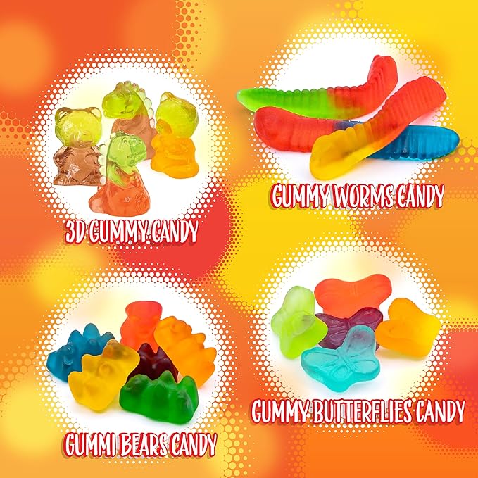 Gummy Candy Mix | 2 Pound Variety Pack | Gummy Worms, Bears, Butterflies, 3D Bears, 3D Dinosaurs | Assorted Fruit Flavors for Party Favors, Goody Bags, and Kids' Events