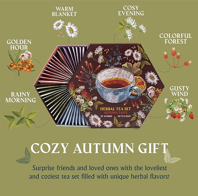 ACORUS Autumn Taste Tea Set, Natural Herbal Tea Variety Pack, Assorted Tea Box, Tea Gift Set of 6 Different Teas, Herbal Tea Sampler of 60 Tea Bags Individually Wrapped, Discover Rich Autumn Teas
