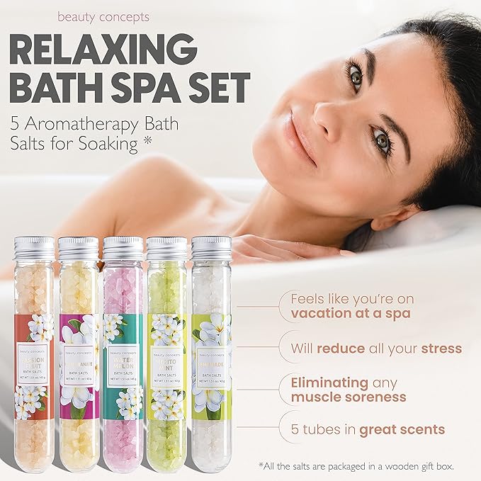 B.C. Beauty Concepts Aromatherapy Bath Salts- Epsom Salts for Soaking, Relaxing Bath Spa Set, Scented in Vanilla Almond, Shea Butter, Sweet Mint, Honey Rose, and Lavender, Tropical