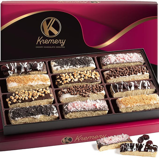KREMERY Creamy Chocolate Cravings - Diwali Sweets Hamper Chocolate Covered Biscotti Cookies Gift Basket, in Elegant Gift Box (12 Biscotties, Assorted Sweet Toppings)