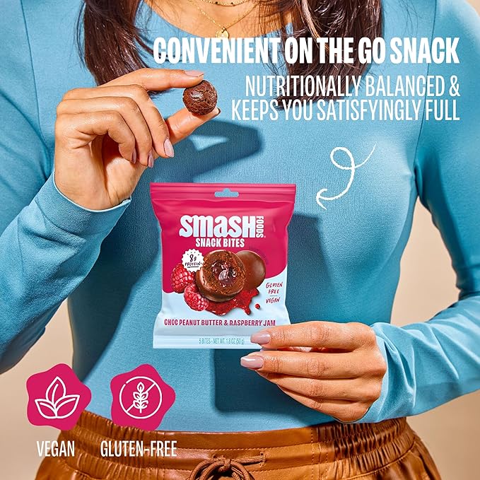 Smash Foods Raspberry Energy Bites | 5 Gluten-Free Vegan Snack Balls with No Sugar Added | 8g Protein, Superfood Jam, Chia Seeds | On-the-Go Convenience | Chocolate Peanut Butter & Raspberry | 8 Packs