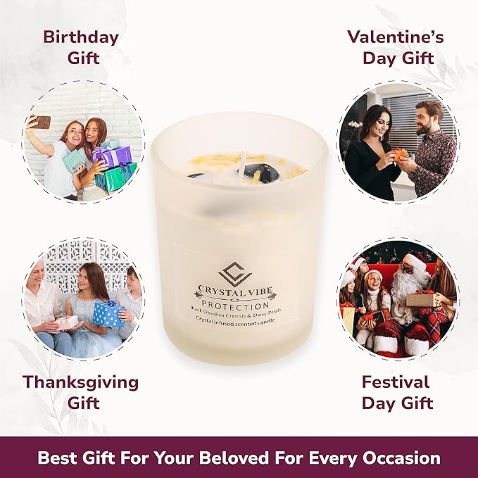 Crystal Vibe Protection Crystal Candle with Black Obsidian Crystals and Daisy Petals - Natural Soy Candles - Vanilla Scented Aromatherapy Candle Gifts for Christmas Birthdays