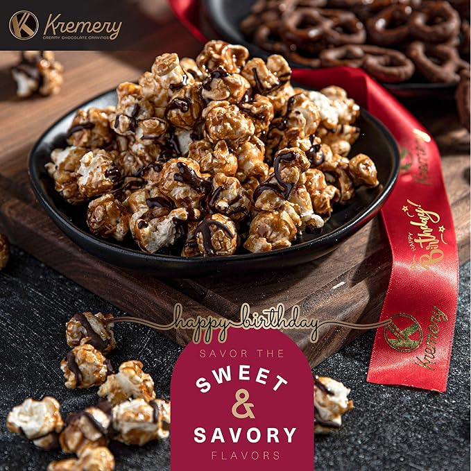 KREMERY Creamy Chocolate Cravings - Happy Birthday Treats, Chocolate Covered Pretzels & Caramel Popcorn Gift Basket, in Seagrass Tray + Ribbon & Greeting Card (Deluxe, 3.5 lbs) Food Assortments