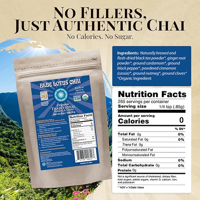 Blue Lotus Chai – Fully Organic Traditional Masala Chai - Makes 265 Cups – Just Add Hot Water, No Steeping, No Gluten - 8 Ounce Masala Spiced Chai Powder with Organic Spices – Authentic Indian Tea