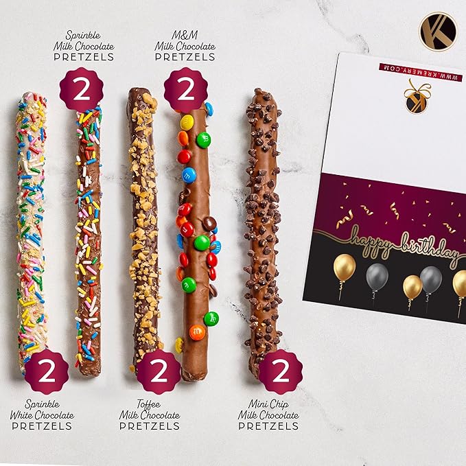 KREMERY Creamy Chocolate Cravings - Birthday Treats, Chocolate Covered Pretzel Rods Gift Basket, in Clear Tube + Greeting Card (8 Pretzels, Assorted Sweet Toppings) Food Assortments USA Made