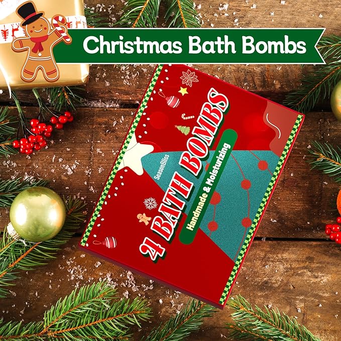 Bath Bombs Set, Shower Bombs, 4 PCS Handmade Bubble Bath with Gingerbread & Christmas Tree & Candy Cane & Snowflake, for Present Cute Women Boys and Girls