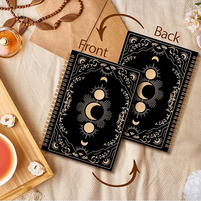 Black Witchy Moon Notebook Journal, Celestial Spiral Notebook, Moon Journal, Black and Gold MoonPhase Notebooks Gifts for Tarot Lovers Women Men, Witchy Gothic School Office Supplies, 6x8.2In