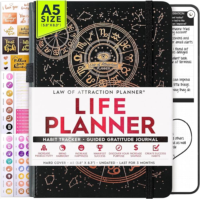 Life Planner - 5 Minute Daily Gratitude & Manifestation Journal | Positivity & Affirmation | Guided Mindfulness, Self Care & Mental Health Journal | 90-Day Undated Planner, Vision Board & Stickers