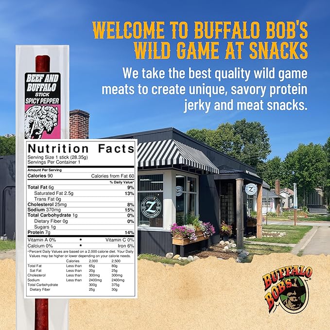 Buffalo Bob's Wild Game Meat Snack Stick - Buffalo Spicy Pepper Stick 10 Pack