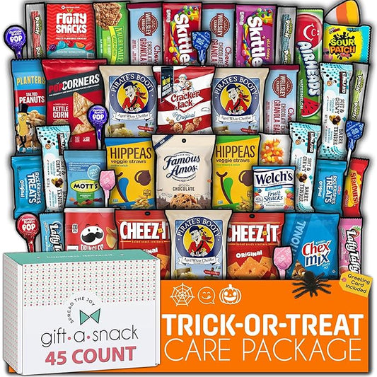 Gift A Snack - Halloween Candies Trick or Treats, Snack Box Care Package + Greeting Card (45 Count) Sweet Treats Gift Basket, Corn Candy Scary Spiders Stuffers Chips - Food Assortments
