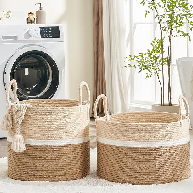 KAKAMAY Large Blanket Basket (18"x18"x16"),Woven Baby Laundry Hamper for Storage, Cotton Rope Blankets Baskets for Nursery, Laundry, Living Room, Pillows, Baby Toy chest with Handles (Light Brown)