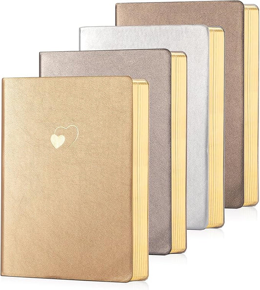 CAGIE 4 Pack Lined Journal Notebook for Women and Girls 256 Pages Cute Diary with Heart-Shaped Leather Journals for Writing A5 Soft Cover Notebooks for Work School, Silver