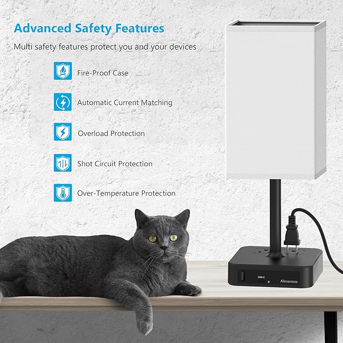 Bedside Table Lamp with Touch Control & USB C+A Charging Ports LED Desk Lamp with 2 AC Outlets, Minimalist Nightstand Light with Black Fabric Shade for Bedroom, Living Room, Office, White