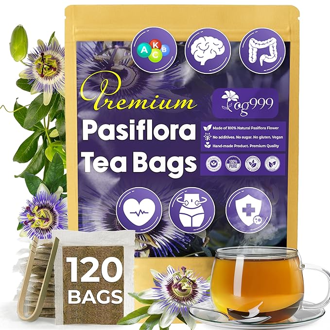 TOG999, Premium 120 Pasiflora Pasion Flower Tea Bags, 100% Natural & Pure. Passion Flower Herbal Tea. No Sugar, No Caffeine, No Gluten, Vegan.