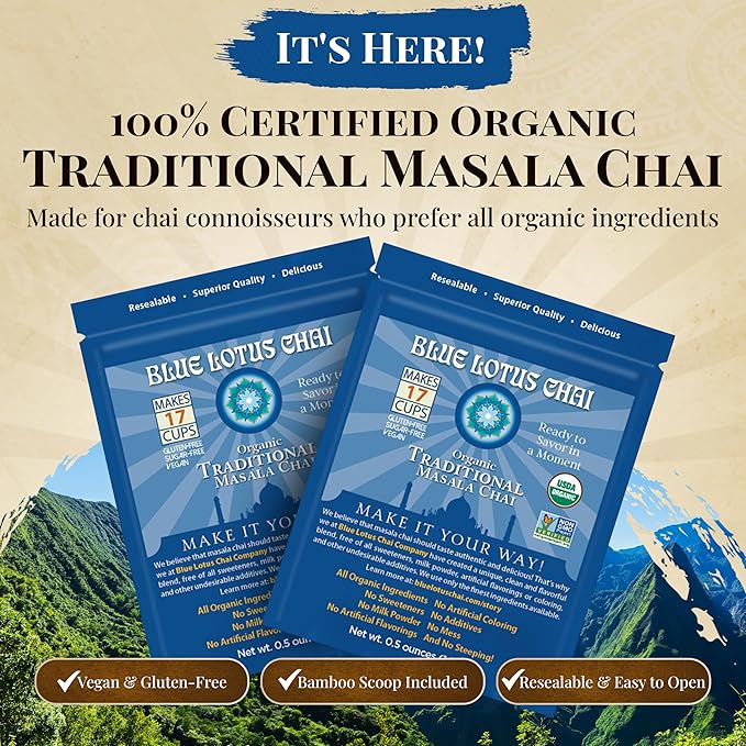Blue Lotus Chai Tea - Fully Organic Traditional Masala Chai - Makes 17 Cups - 0.5 Ounce Masala Spiced Chai Powder with Organic Spices - Instant Indian Tea No Steeping - No Gluten