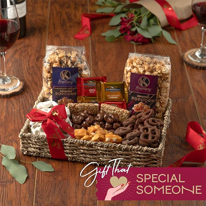 KREMERY Creamy Chocolate Cravings - Diwali Sweets Hamper Chocolate Covered Pretzels & Caramel Popcorn Gift Basket, in Seagrass Tray + Ribbon (Premium, 2.5 lbs) Food Arrangement