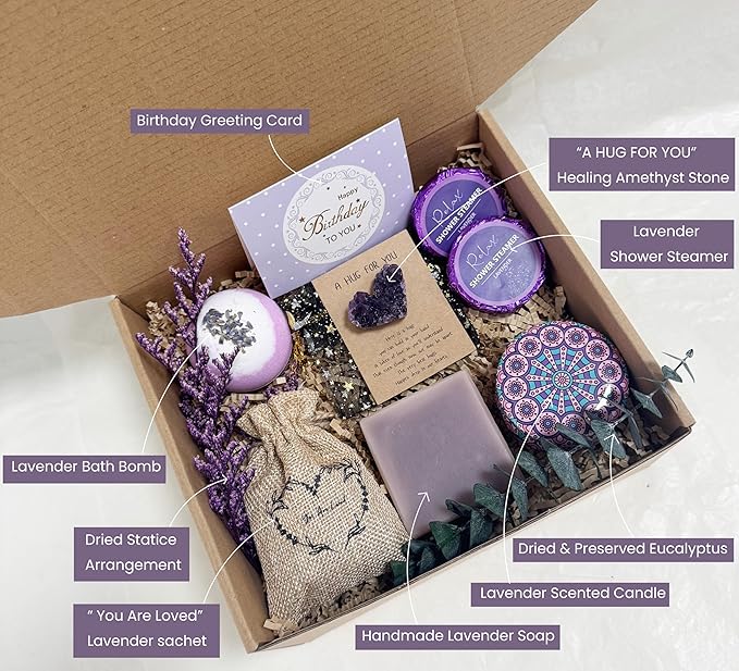 Lavender Gift Box for Women – Birthday Gift for Her, Spa Gift Set, Relaxing Self Care Package for Mom, Wife, Sister, Best Friend – Stress Relief Gifts for Women