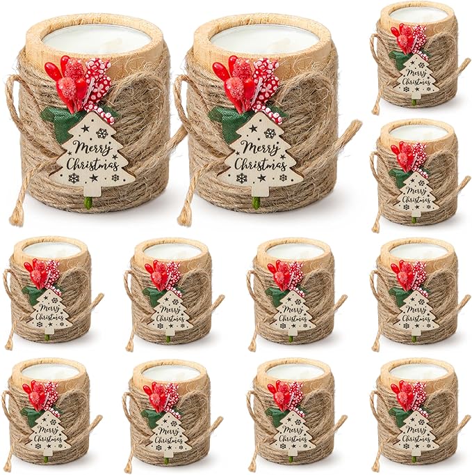 12 PCS Wooden Candle Holders with Candles, Christmas Party Favors with Jute Rope, Holiday Tealight Holders for Table Centerpieces, Home Decoration, Stocking Stuffers