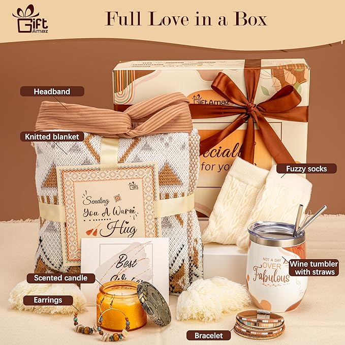 GiftAmaz Boho Gifts for Women, Self Care Gifts Get Well Soon Gift Basket, Include Bohemian Tumbler and Blanket, Fall Western Gift, Unique Birthday Christmas Gifts for Women Friends Wife Mom