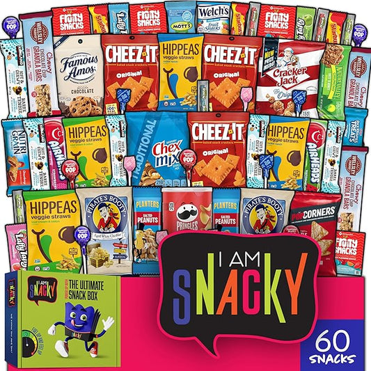I AM Snacky - Haloween Trick or Treats Snack Box Variety Pack Care Package + Greeting Card - SNACKY'S SOCIAL SAMPLER (60 Count) Birthday Sweet Treats Gift Basket, Candies Chips, Food Assortments