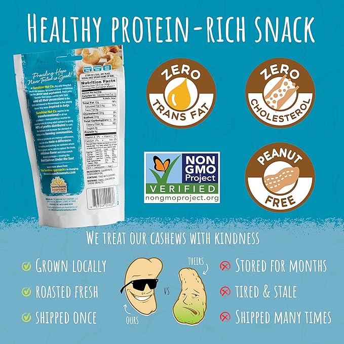 Sunshine Nut Company Whole Roasted Cashews, Perfectly Plain Flavor, No Added Salt, 4 Pack, 7 oz. Each, Gluten Free, Peanut Free and Vegan Individual Snack Packs for Kids and Adults, GMO Free